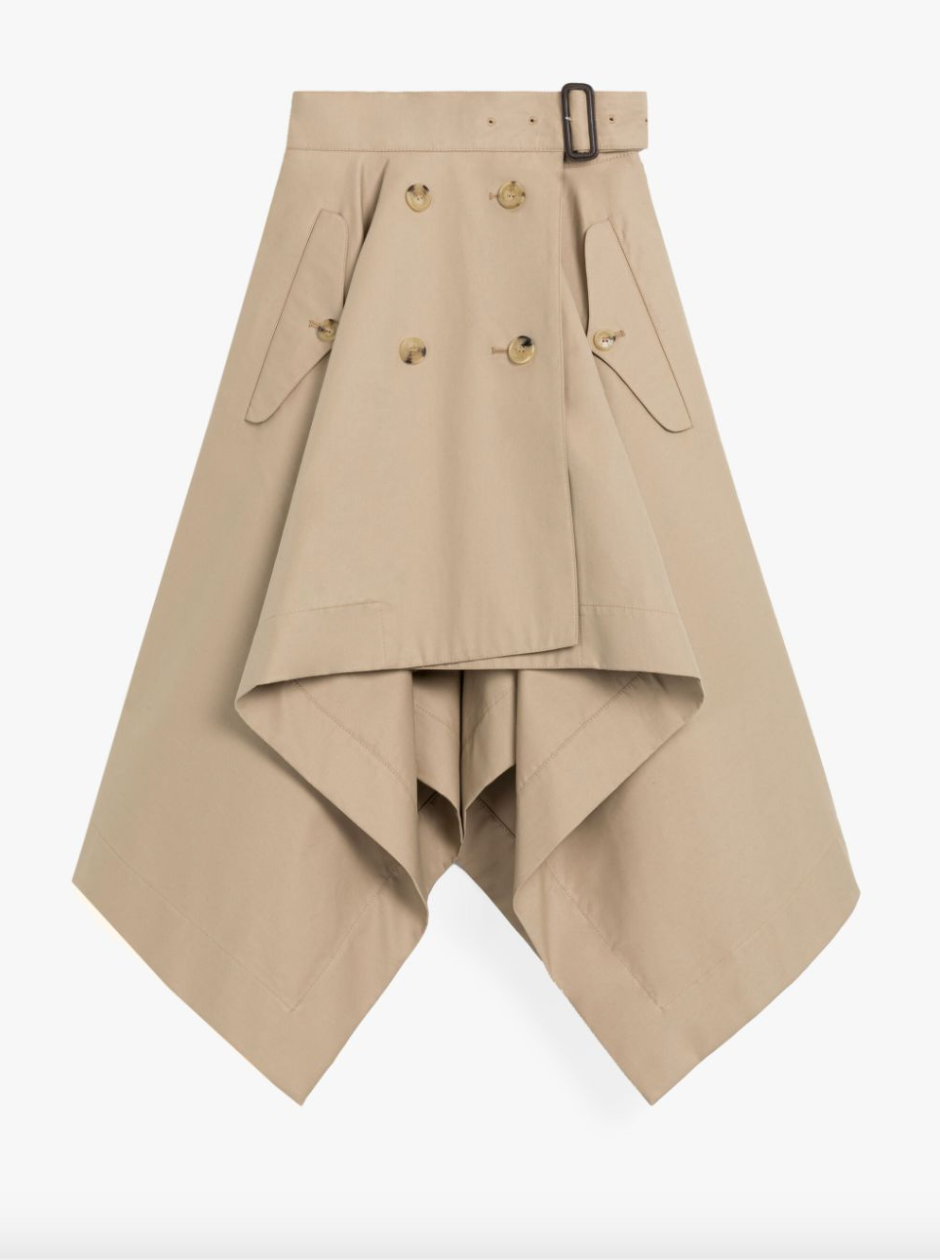 Tan skirt with belted waist, double button detailing and side flap pockets