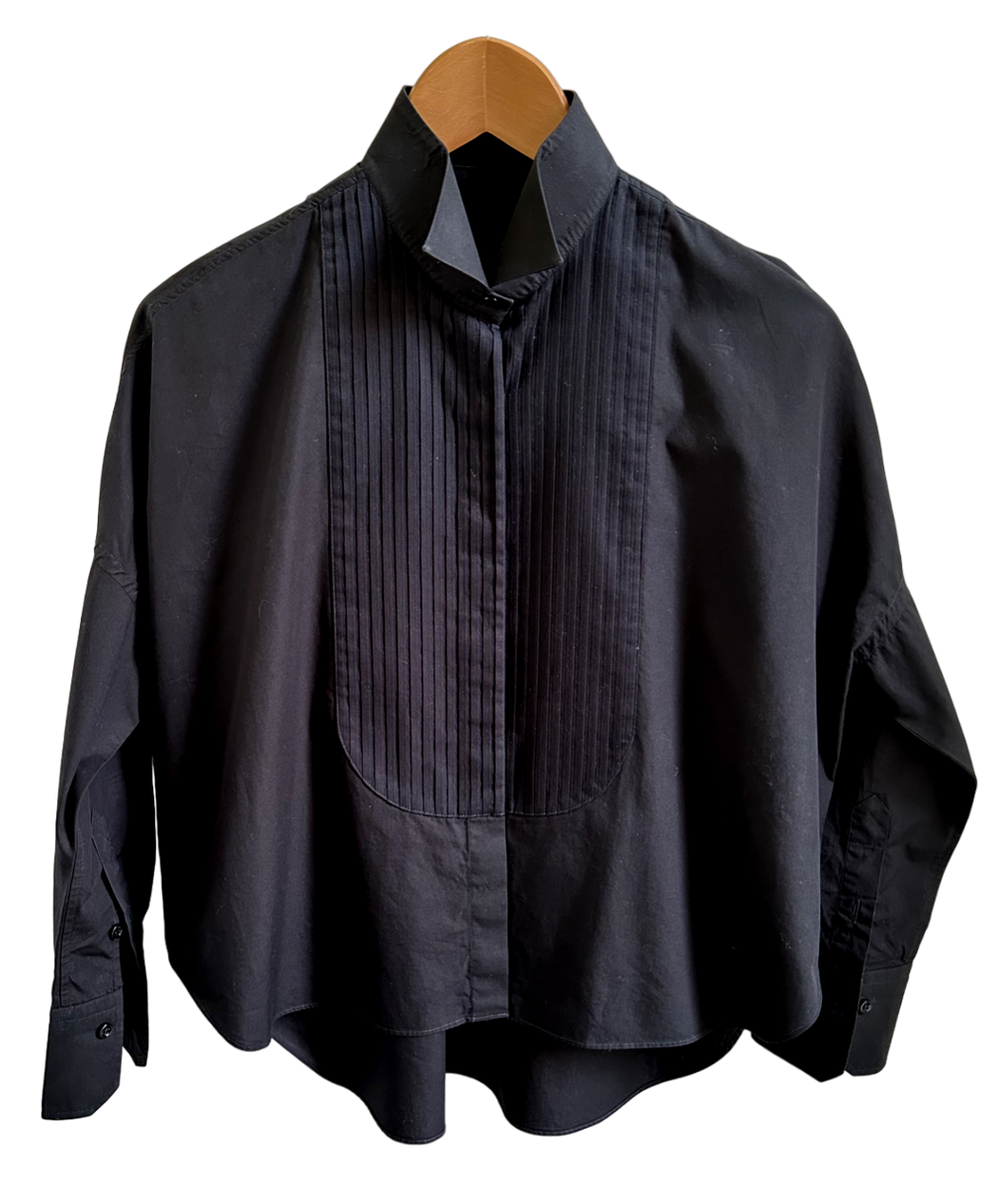 black long sleeve women's shirt with pleated front bib, wing collar, hidden buttons & curved hem