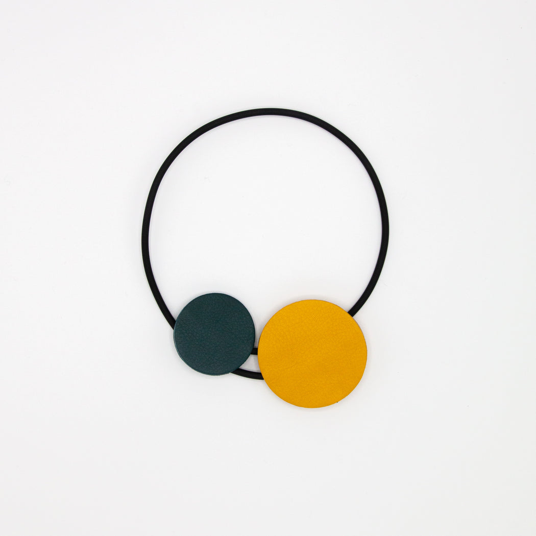 Black band choker necklace with yellow & blue leather circles