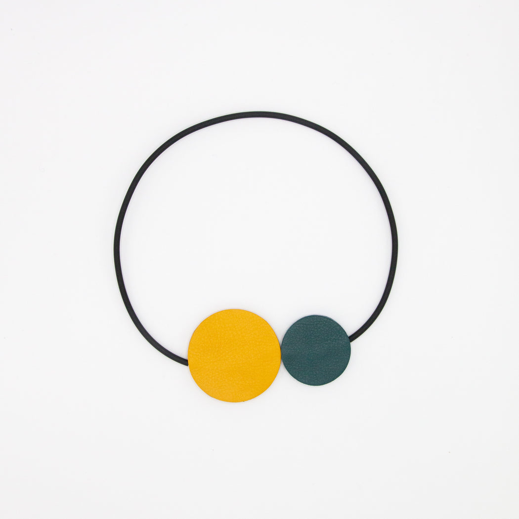 Black band choker necklace with yellow & blue leather circles