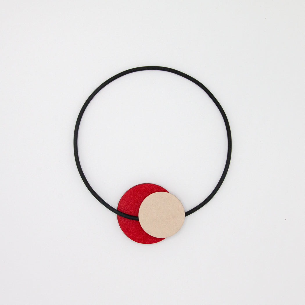 Black band choker necklace with red & white leather circles