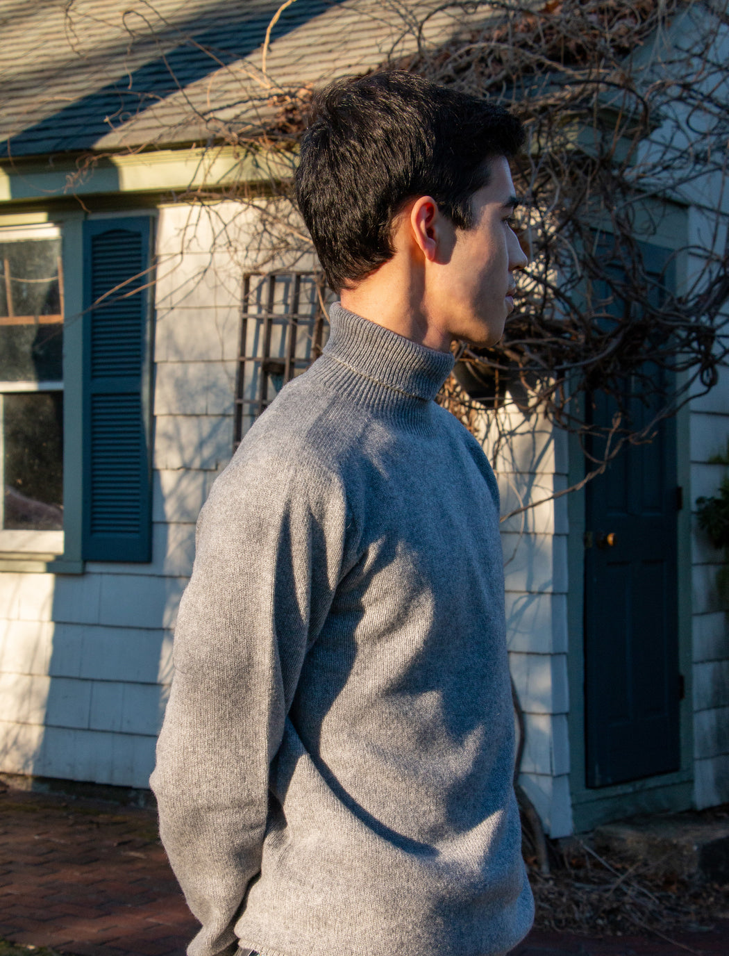 Male model wearing grey long sleeve turtleneck sweater