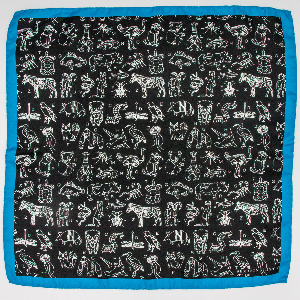 Black & white silk pocket square scarf with blue border