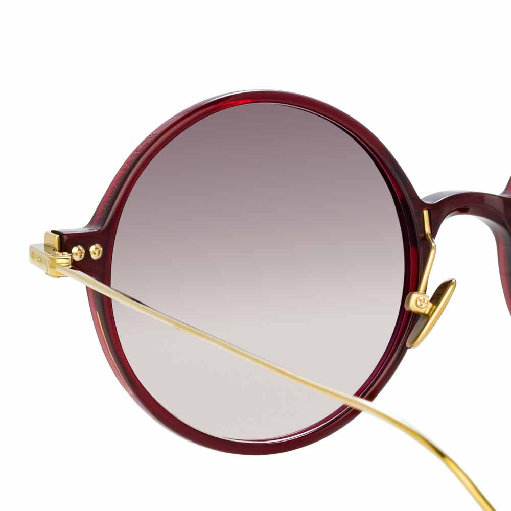 Close-up on Lens of Round Italian acetate sunglasses with gold temple