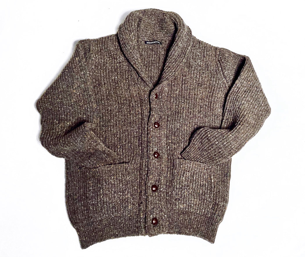 Brown/grey button-down sweater with 2 front pockets and shawl collar