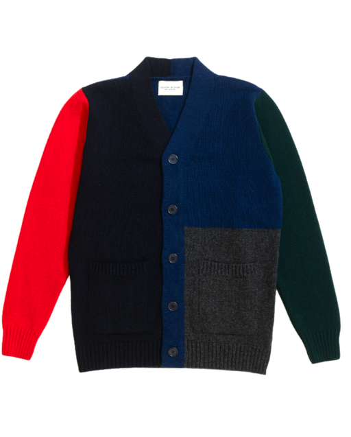 Multi-color (navy, grey, green, blue, red), multi-panel long sleeve cardigan sweater