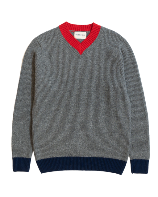 Grey V-neck wool sweater with red and blue trim 