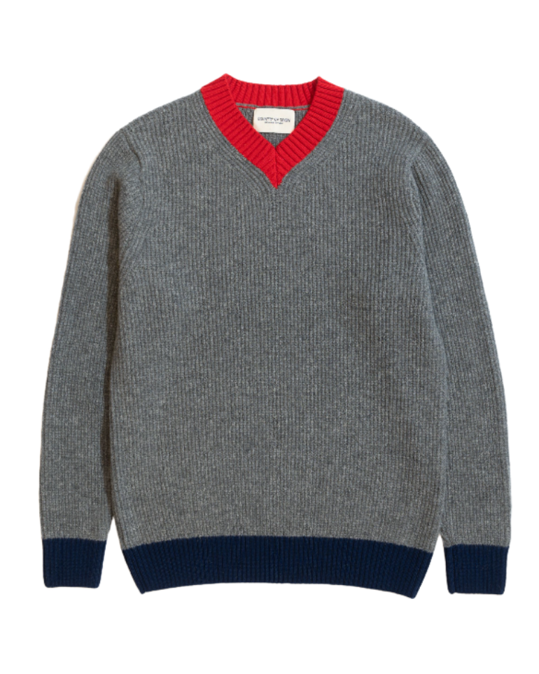 Grey V-neck wool sweater with red and blue trim