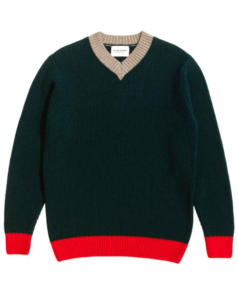 Green V-neck wool sweater with tan and red trim