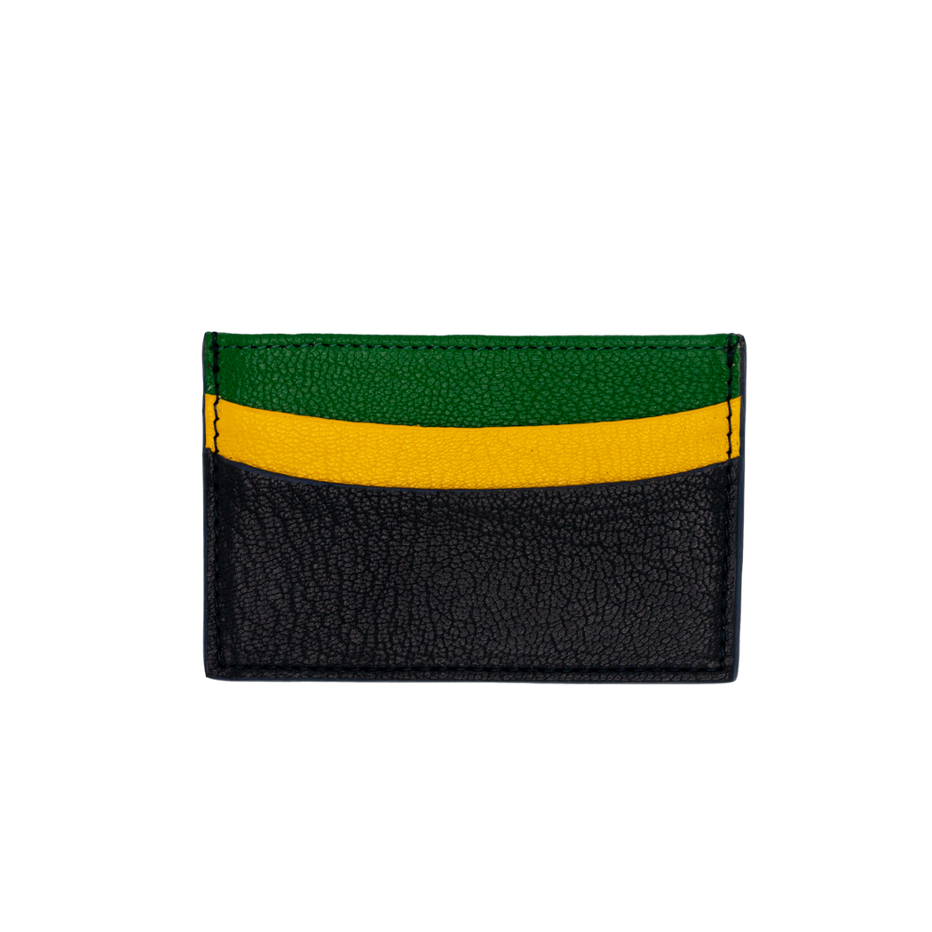 Navy leather card case with one green pocket and one yellow pocket