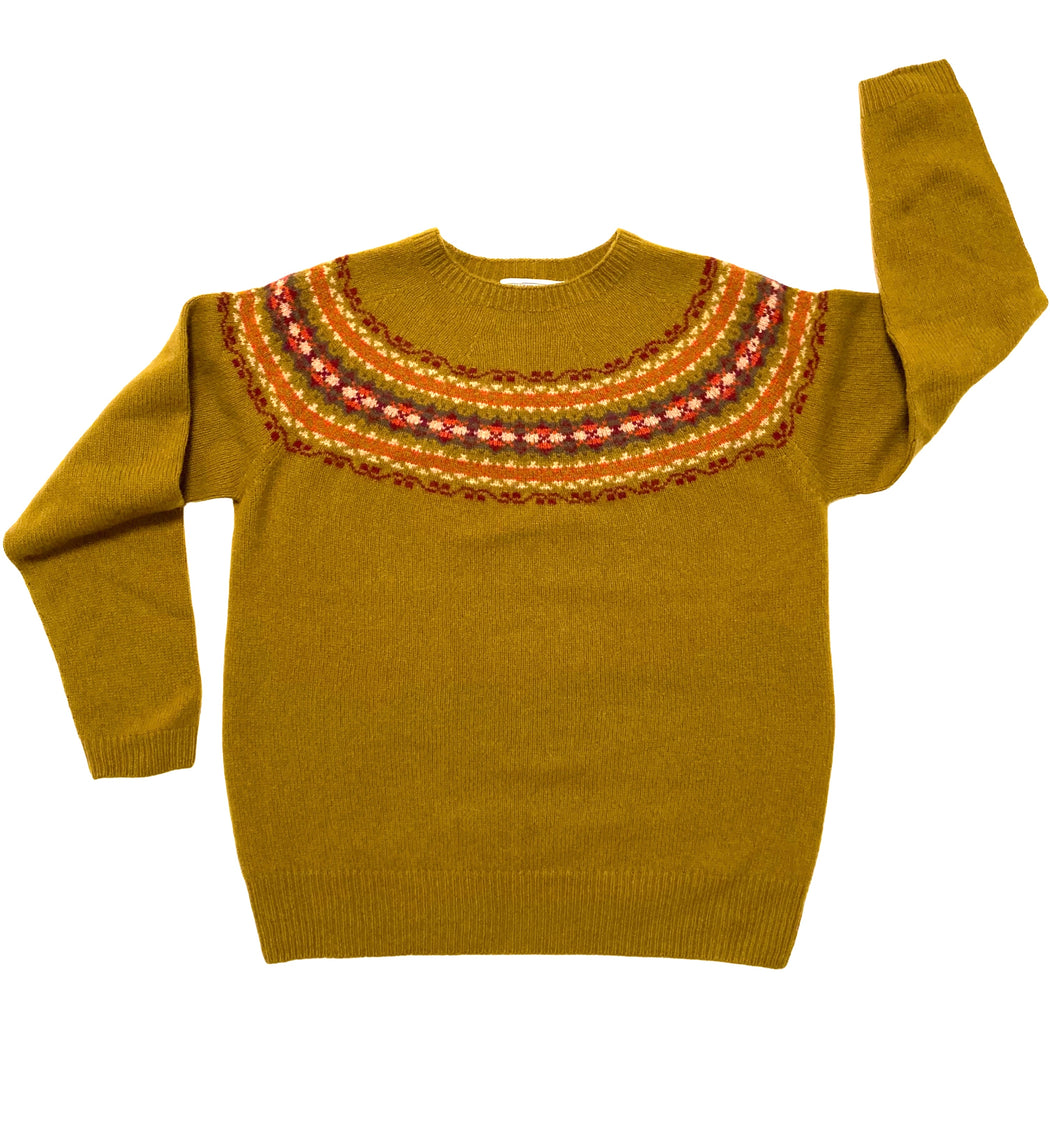 Olive green long sleeve sweater with red/burgundy/cream geometric yolk