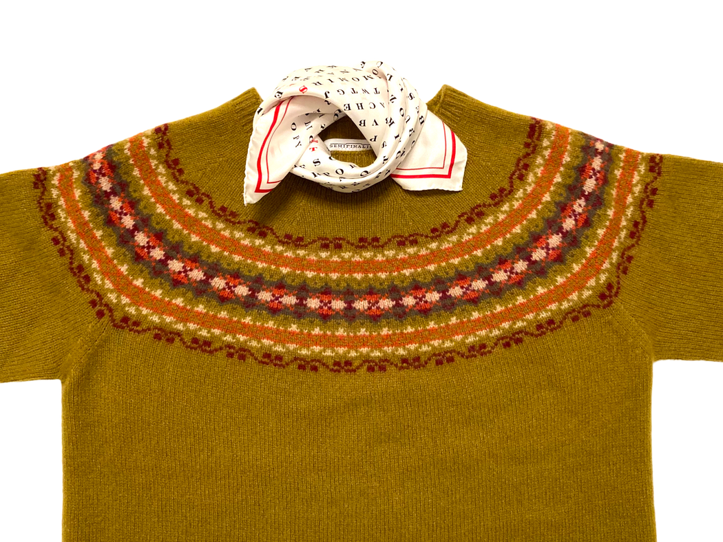 Olive green long sleeve sweater with red/burgundy/cream geometric yolk with scarf