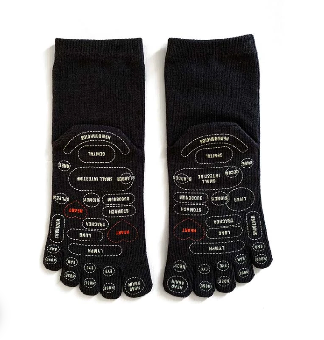 Dark grey toe socks with reflexology points mapped out on bottom