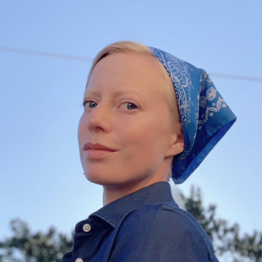 Classic blue silk bandana on model's head