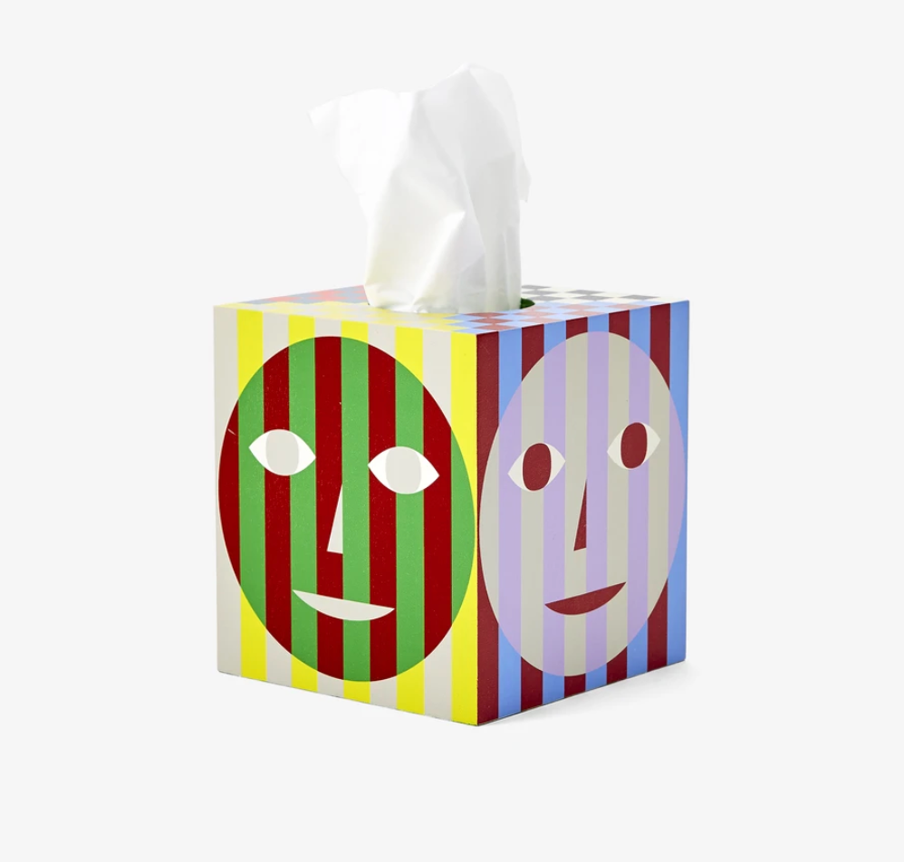 multi color stripe tissue box with face graphic