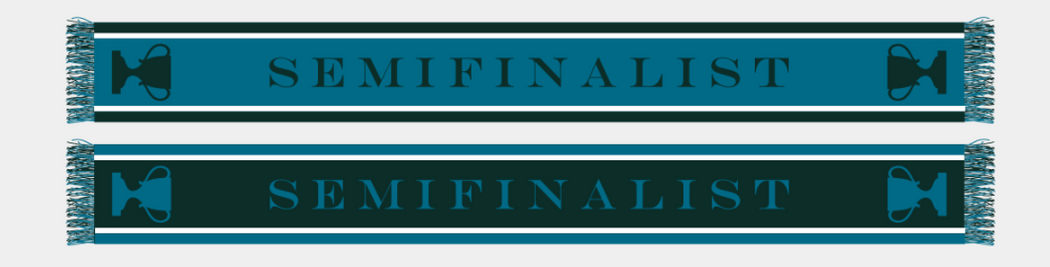 Both sides of the Semifinalist blue & green soccer scarf