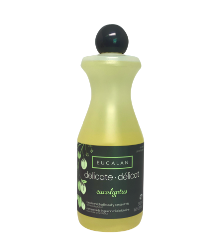 Clear bottle of Eucalan laundry detergent