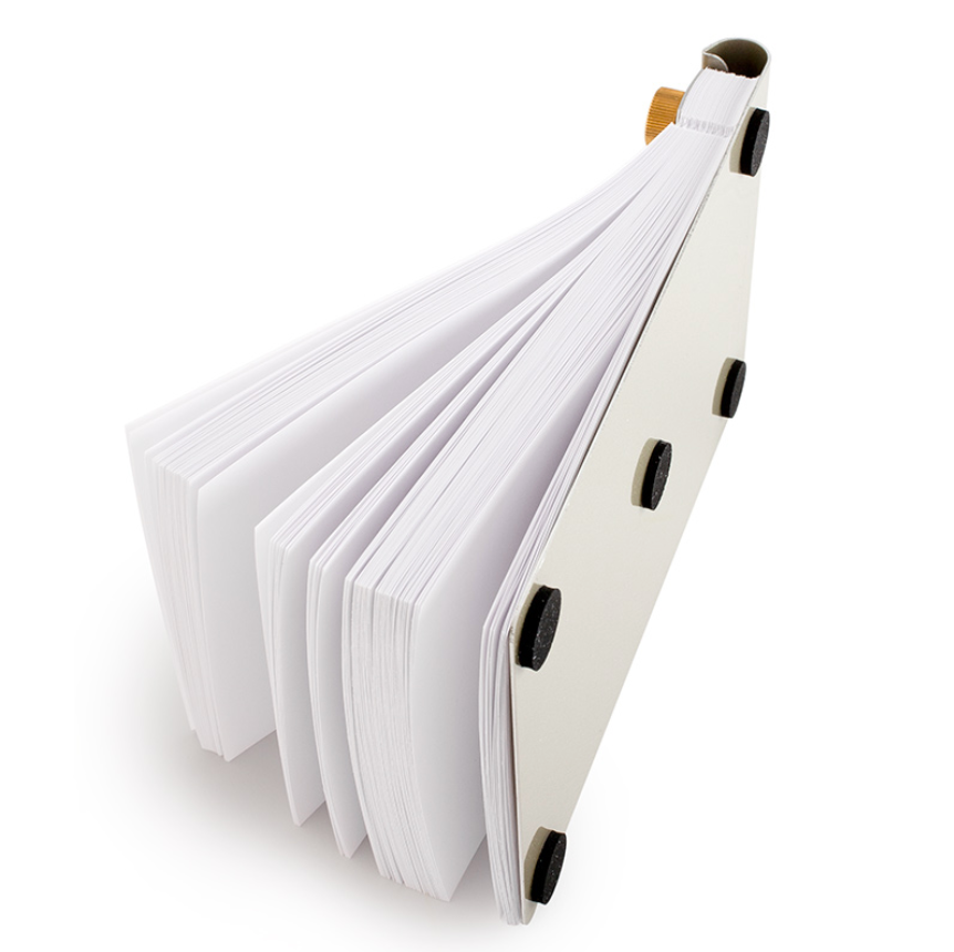 Rear view of metal writing pad showing rubber dots