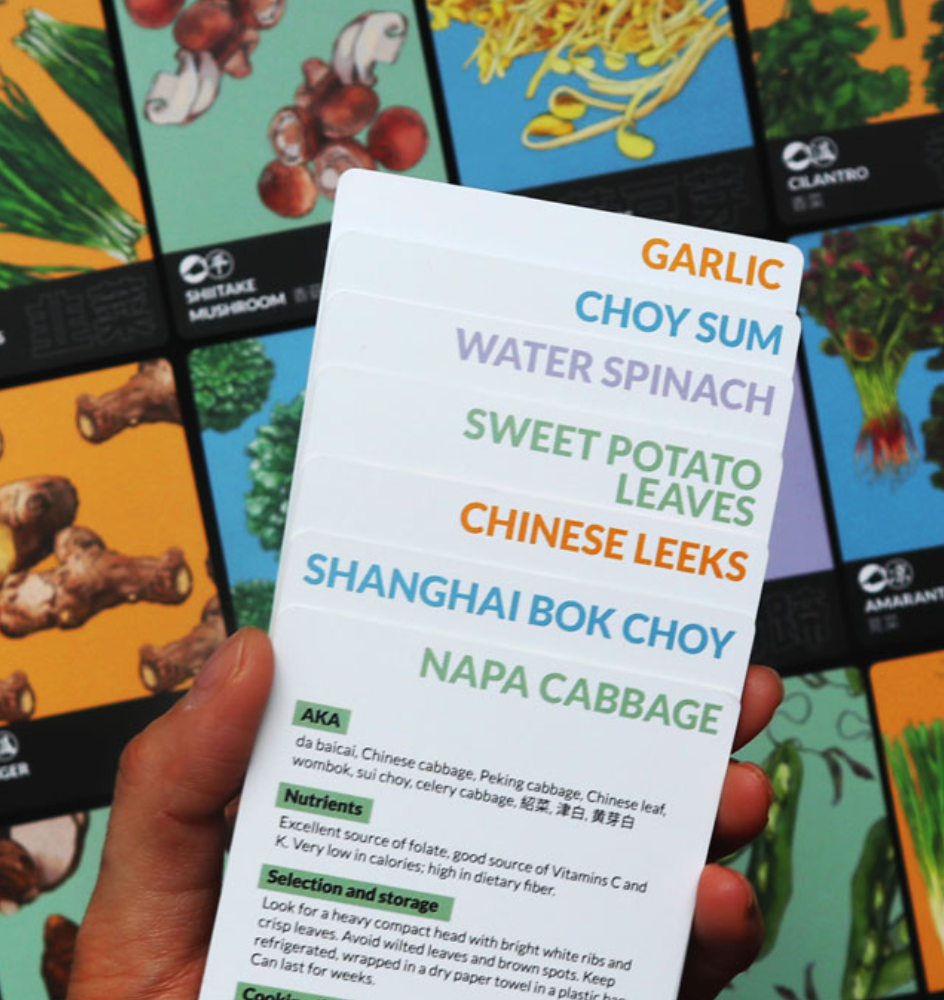 Back of Vegetable Trading Cards, showing the name of the vegetables with cooking tips & nutritional content