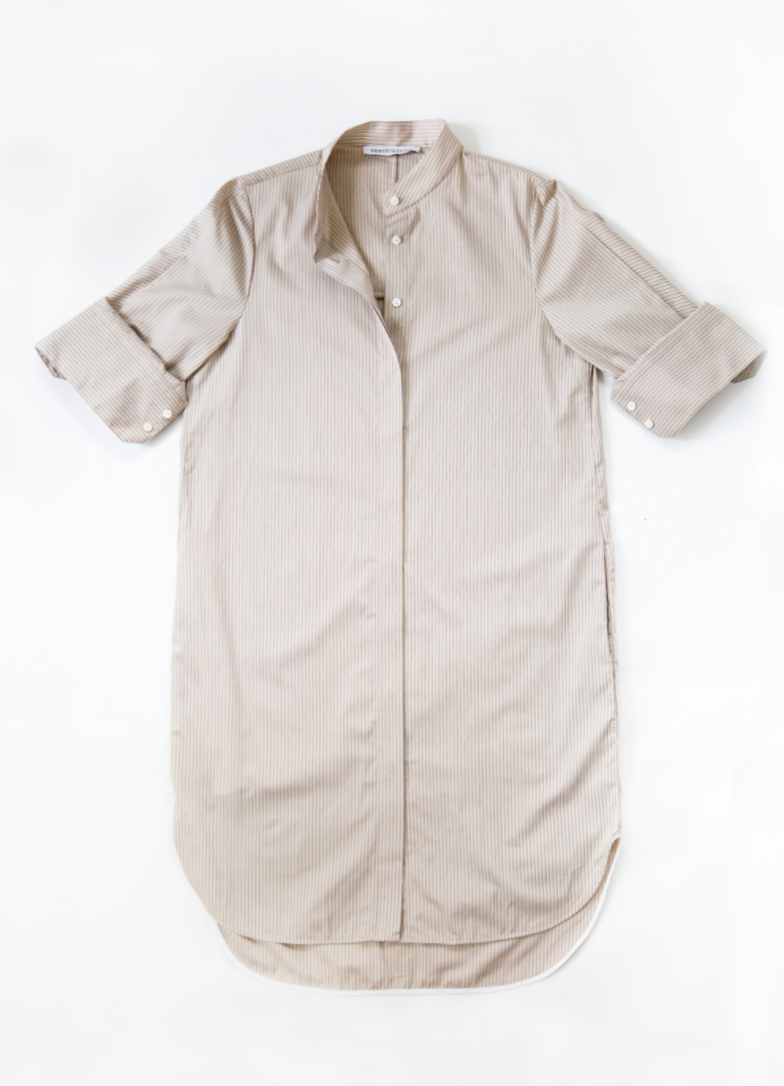 Tan stripe long sleeve shirtdress with cuffed sleeves