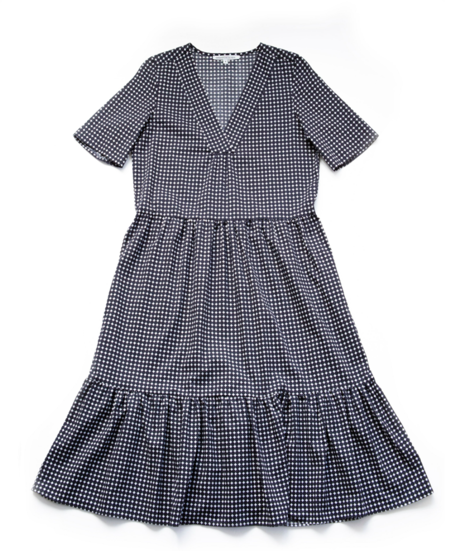 Navy & white polka dot short sleeve petticoat dress with V-neck