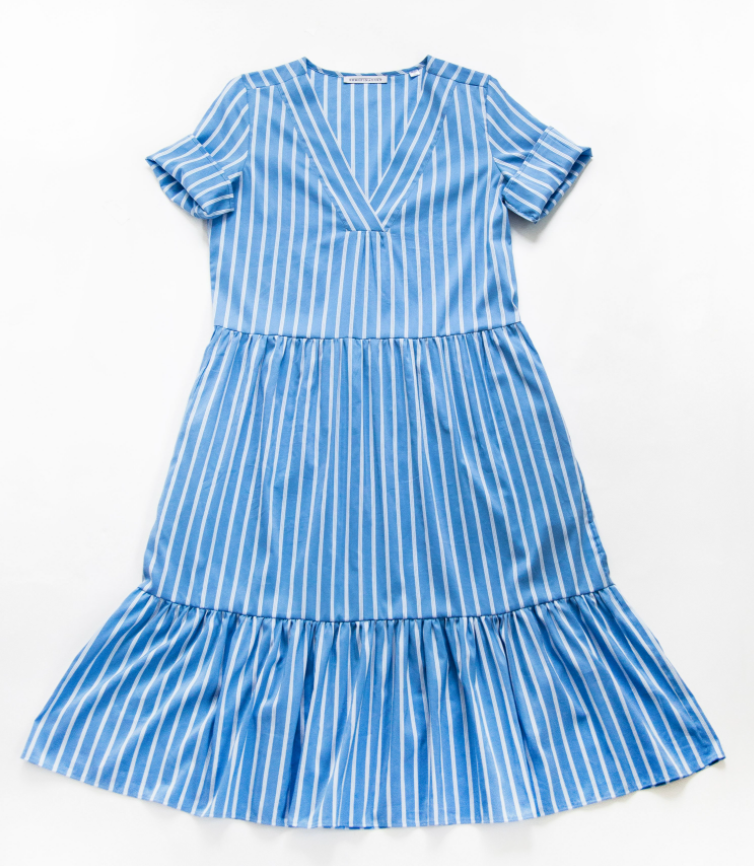 Blue & white striped short sleeve petticoat dress with V-neck