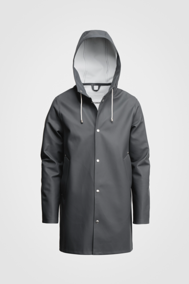 Gray long sleeved rain jacket with hood, front view