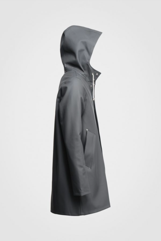 Gray long sleeved rain jacket with hood, side view