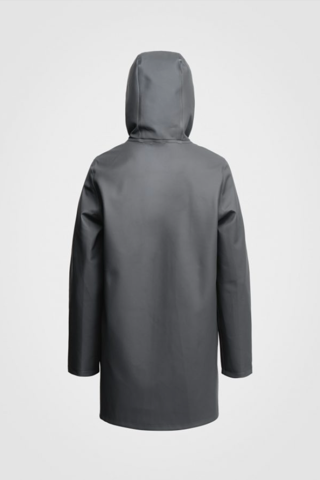 Gray long sleeved rain jacket with hood, back view