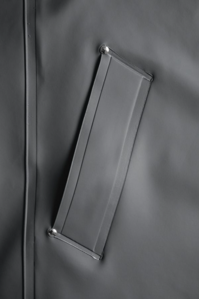 Pocket opening detail on gray rain jacket