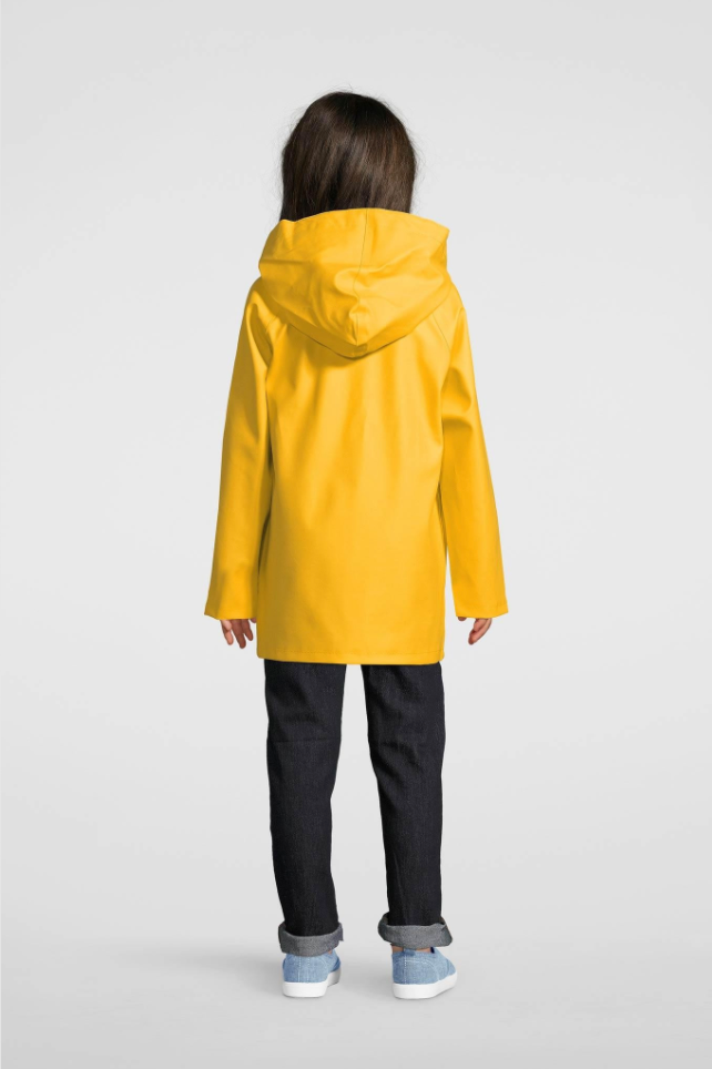 Back view: Model wearing yellow hooded children's raincoat