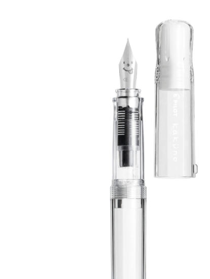 Clear colored Pilot Kakuno Fountain Pen: Close-up on tip & cap