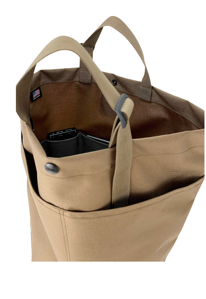 Khaki Carry-All Tote with black interior pockets