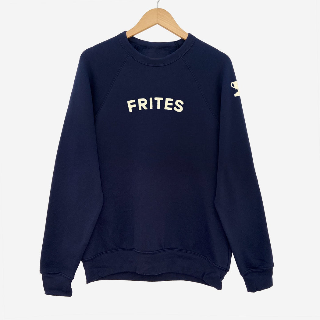 Navy long sleeve sweatshirt with appliqué reading "FRITES" on front