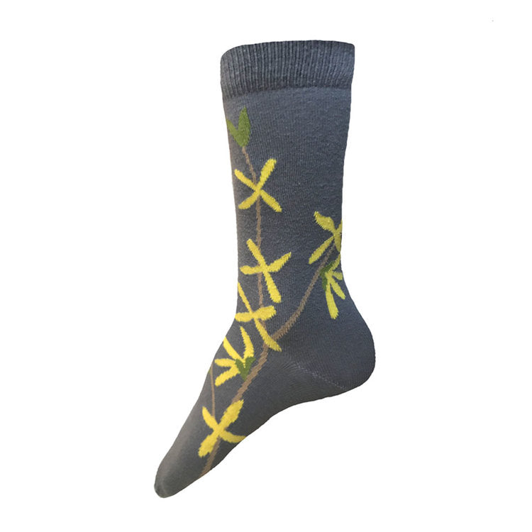 Grey women's sock with yellow forsythia design