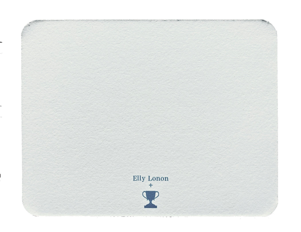 Reverse side of white note card with "Elly Lonon" logo on bottom
