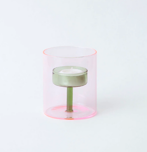 Clear glass cylindrical tea light holder with light pink exterior & green interior candle holder 