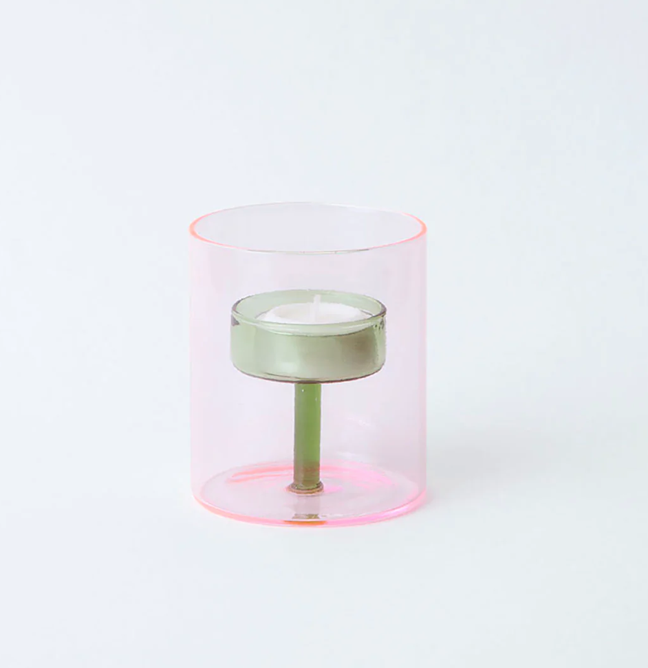 Clear glass cylindrical tea light holder with light pink exterior & green interior candle holder 