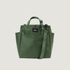 Olive colored tote bag with snap closure, exterior pockets, top handles & shoulder strap (front view)
