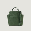 Olive colored tote bag with snap closure, exterior pockets, top handles & shoulder strap (back view)