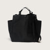Black tote bag with snap closure, exterior pockets, top handles & shoulder strap (back view)