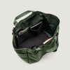 Olive colored tote bag with snap closure, exterior pockets, top handles & shoulder strap (interior view)