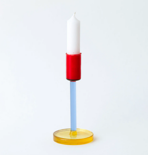 Blue & red glass candlestick holder with yellow base and white candle