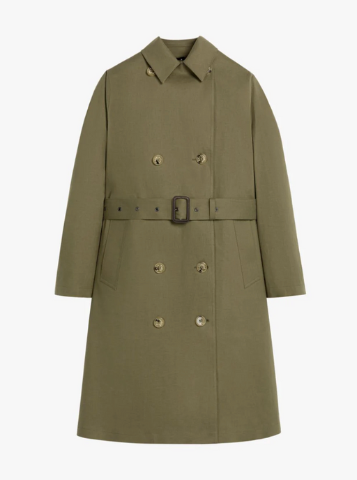 Khaki green colored trench coat, double breasted & belted