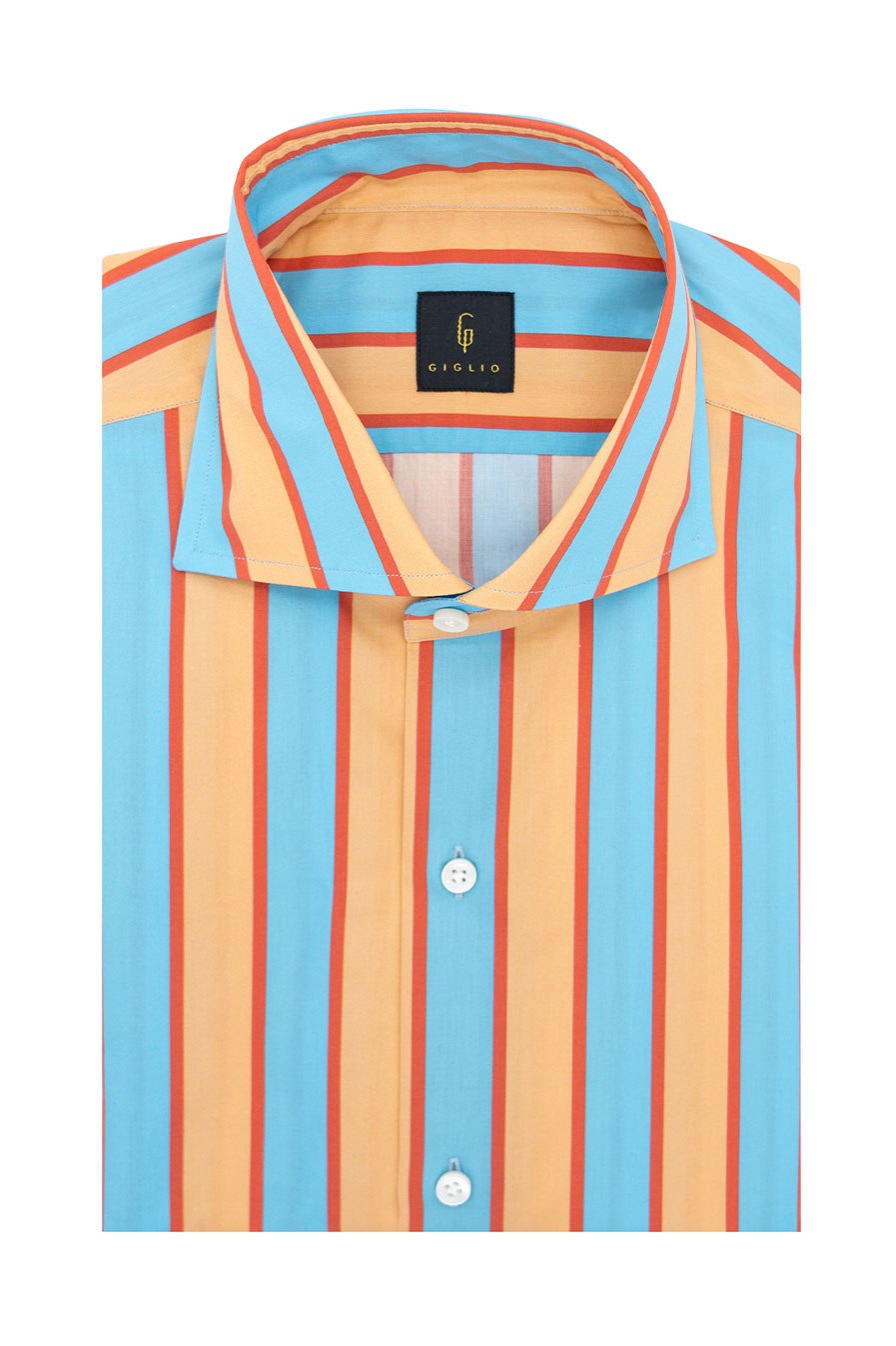 turquoise & salmon colored striped button down men's shirt, folded
