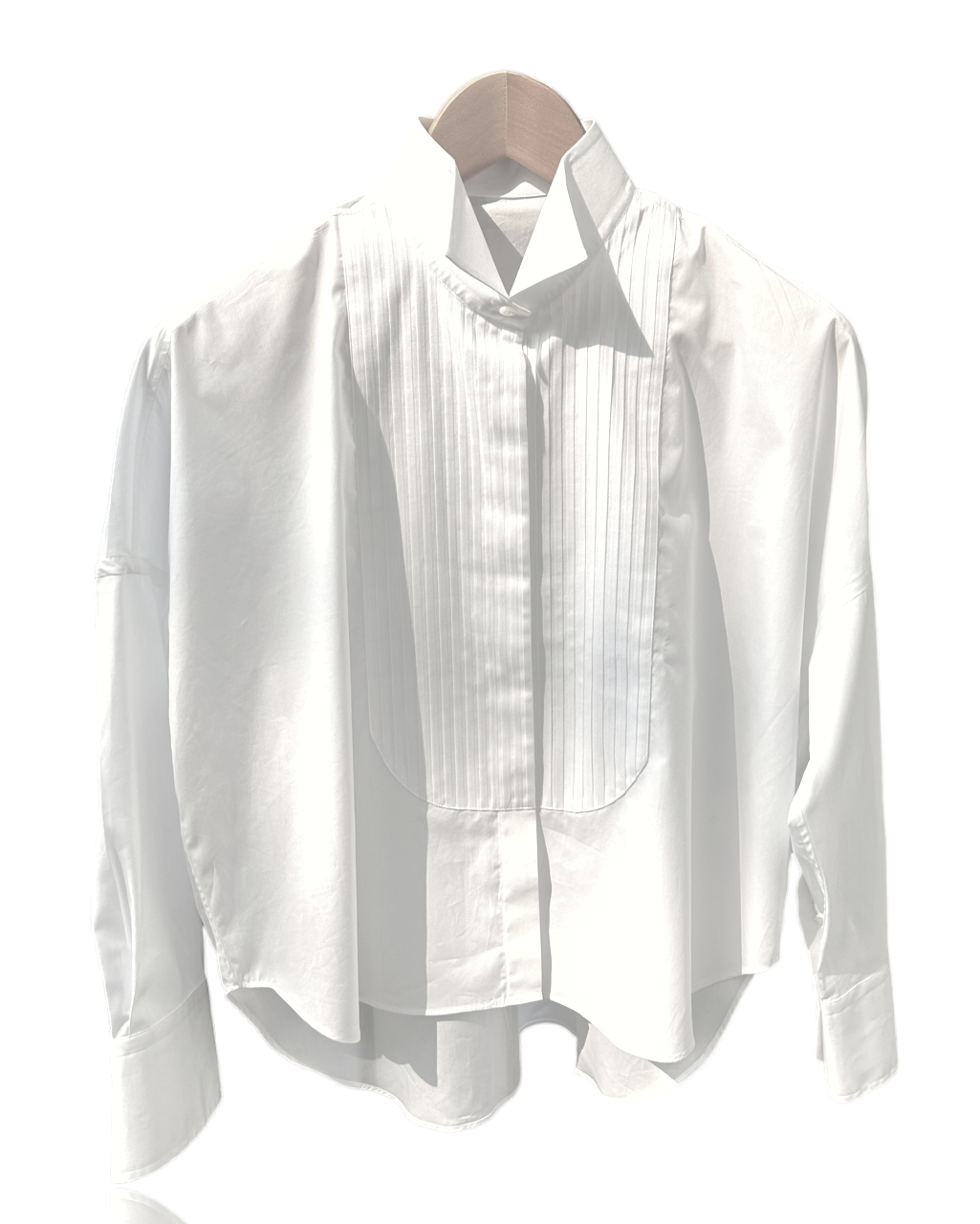 white long sleeve women's shirt with pleated front bib, wing collar, hidden buttons  & curved hem