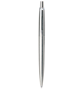 A stainless steel Parker Jotter ballpoint pen with a retractable tip and black ink.
