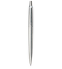 A stainless steel Parker Jotter ballpoint pen with a retractable tip and black ink.
