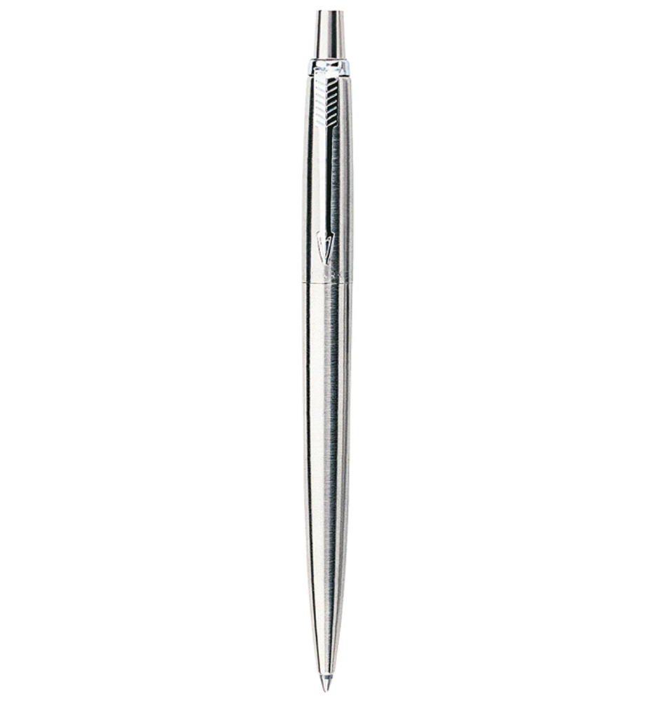 A stainless steel Parker Jotter ballpoint pen with a retractable tip and black ink.
