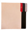 Tan and red leather file folder, and black and taupe file folder, with initials